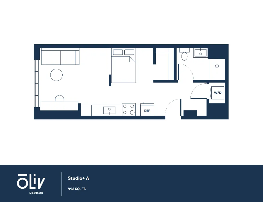 Modern studio floor plan with open living space, cozy sleeping area, compact kitchen, and efficient bathroom layout in 492 sq. ft.