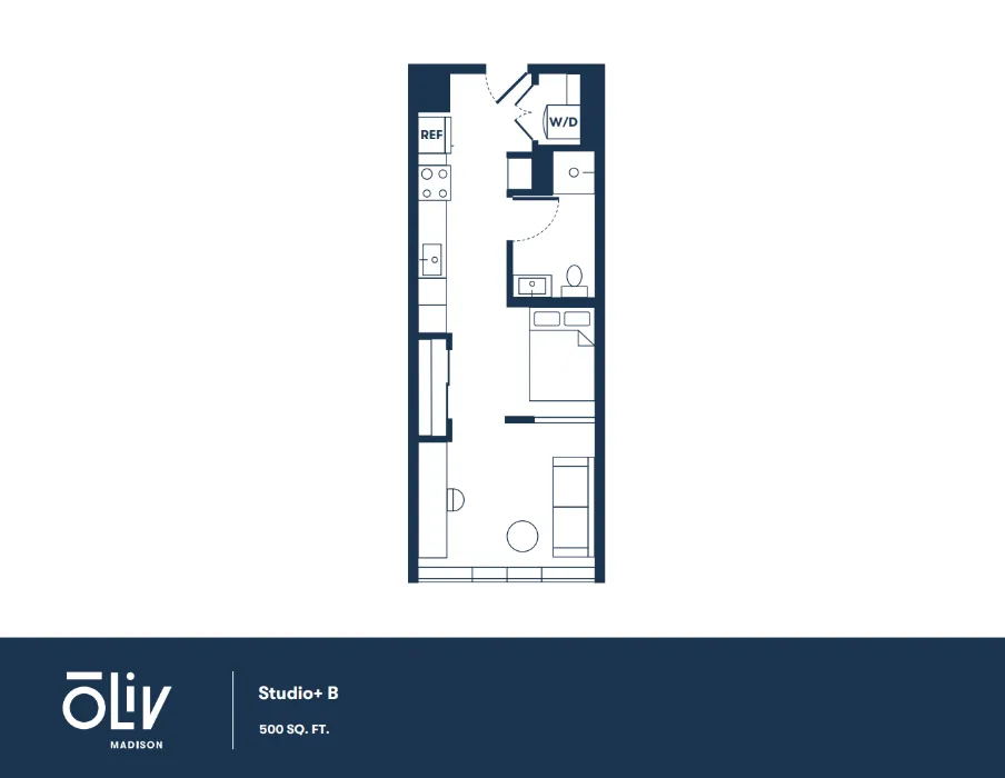 Modern Studio+ B floor plan featuring a cozy living area, efficient kitchen, and in-unit laundry in 500 sq. ft at Oliv Madison.