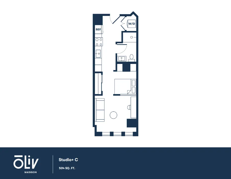 Modern studio apartment floor plan featuring open layout, cozy living space, and convenient kitchen design in 504 sq ft.