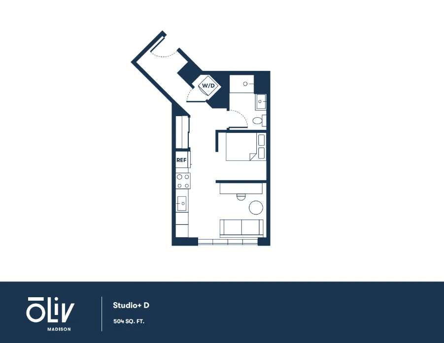 Chic floor plan of Studio+ D apartment at Oliv Madison, featuring a modern open layout with a cozy living area, compact kitchen, and convenient washer/dryer setup, covering 504 sq. ft.