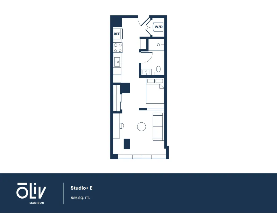 Modern studio apartment floor plan featuring open layout with bedroom area, cozy living space, efficient kitchen, and convenient in-unit washer/dryer, 525 sq ft.