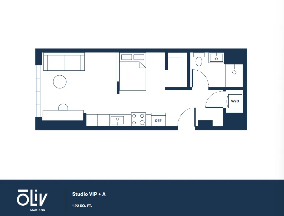 Chic studio apartment floor plan with open living area, modern kitchen, and efficient layout in Madison, 492 sq. ft.