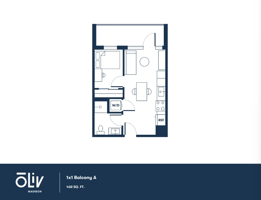 Modern 1-bedroom floor plan featuring an open-concept living area, cozy kitchen, and private balcony at Oliv Madison, 432 sq ft.