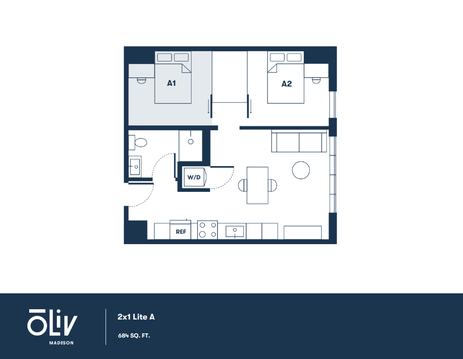 Modern 2-bedroom apartment floor plan showcasing an open-concept living and dining area, compact kitchen, and smart utility space in 684 sq ft.