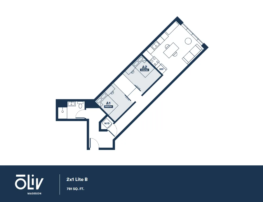 Modern floor plan of Oliv Madison 2x1 Lite B featuring two cozy bedrooms, a spacious living area, and an efficient kitchen within 781 sq. ft.