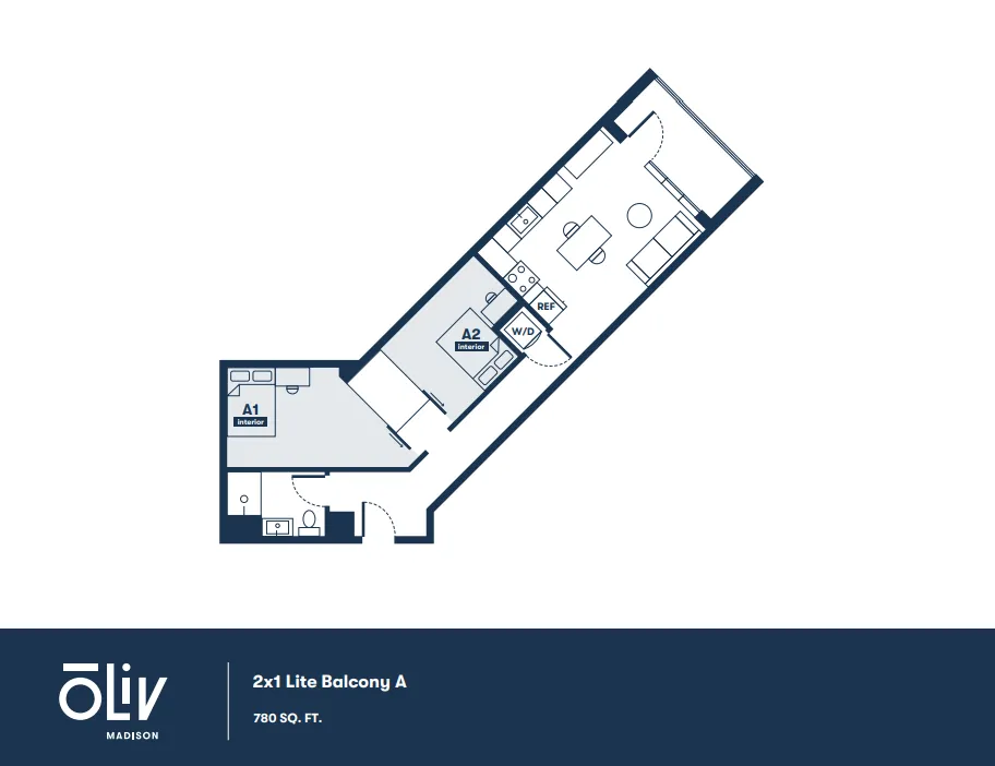 Modern floor plan for 2x1 Lite Balcony A, featuring 2 bedrooms, spacious living area, and efficient kitchen layout, covering 780 sq. ft.