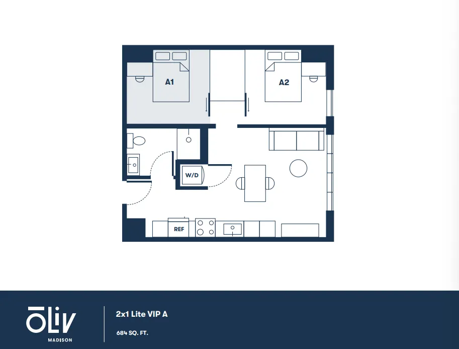 Modern 2-bedroom floor plan featuring a spacious living area, open kitchen, and in-unit washer/dryer, offering 684 sq. ft. of stylish living space.