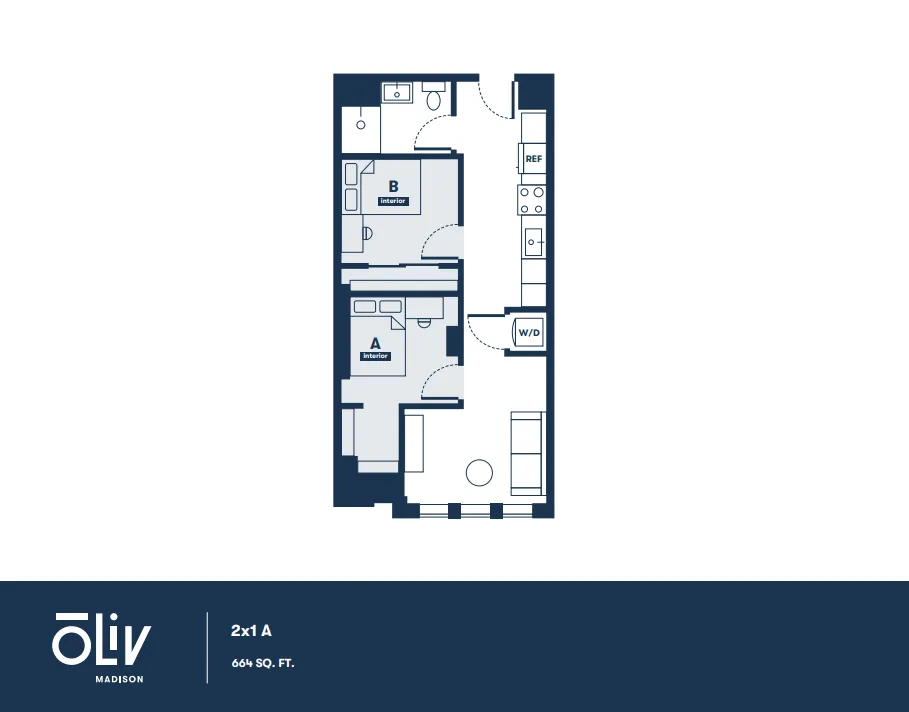 Modern floor plan of a 664 sq ft apartment showing 2 bedrooms, a cozy living area, a kitchen with modern amenities, and a convenient washer/dryer setup.
