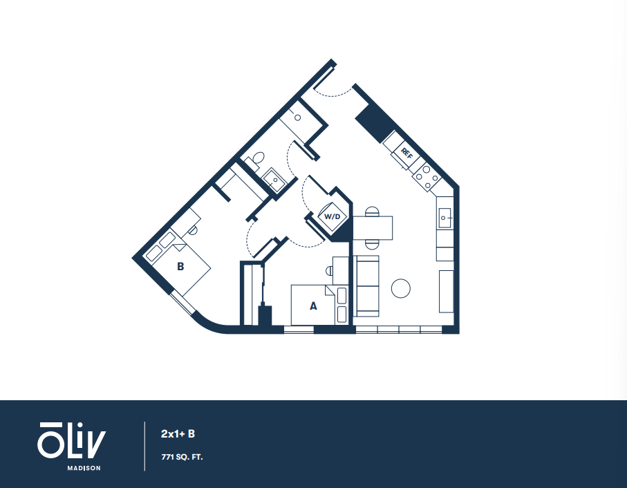 Modern floor plan of a 2 bedroom apartment, featuring a spacious living area and kitchen, expansive windows, and 771 sq ft of stylish living space.