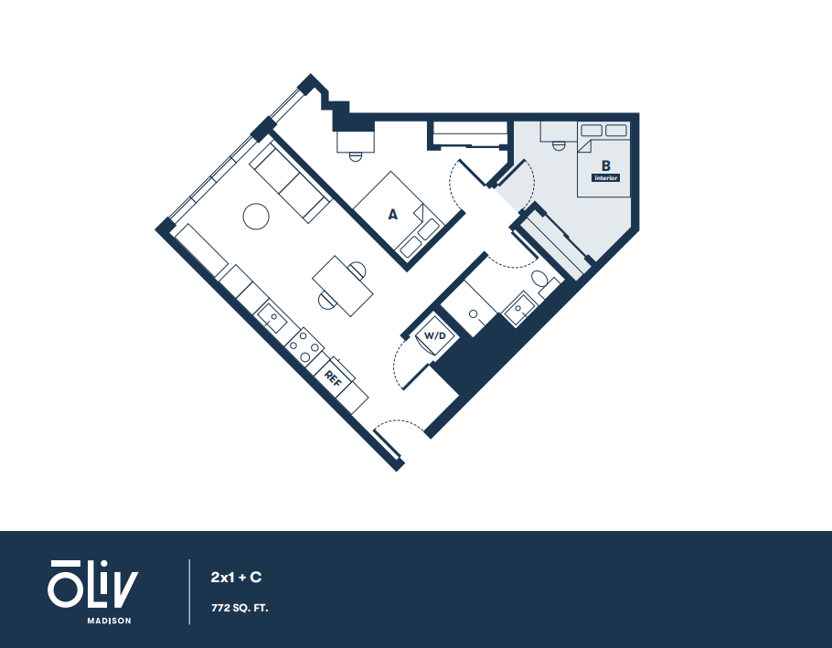 Modern 2-bedroom floor plan with open-concept living space and integrated kitchen in 772 sq. ft. at Oliv Madison.