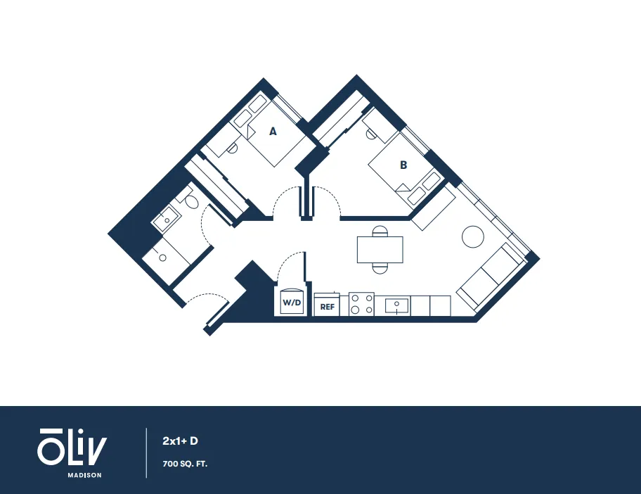 Modern 2D floor plan of Oliv Madison apartment featuring 2 bedrooms, 1 bathroom, open-concept living space, and kitchen in 700 sq. ft.