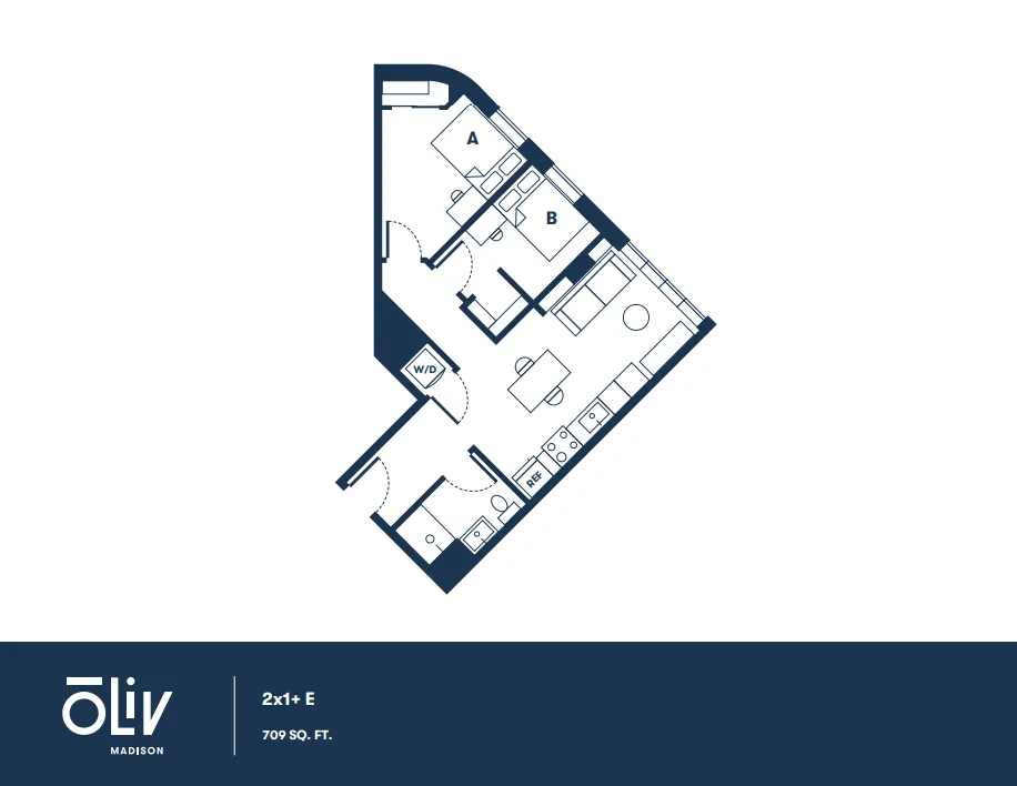 Modern 2D floor plan of Oliv Madison, showcasing 2 bedrooms and a den, open living and dining areas, in a compact 709 sq ft layout.