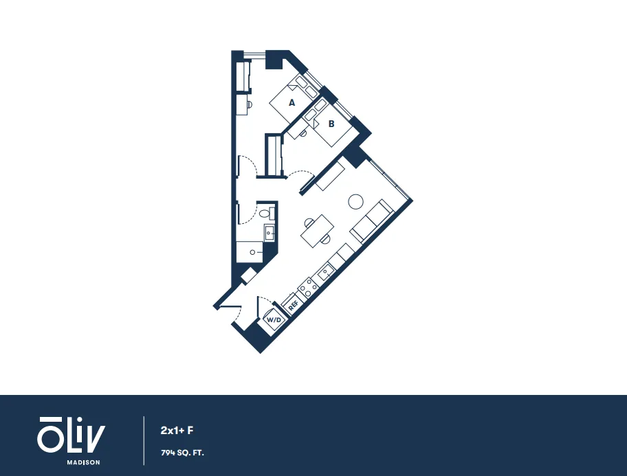 Modern floor plan layout featuring 2 bedrooms and 1 extra space, with a spacious living area and well-equipped kitchen, covering 794 sq ft.