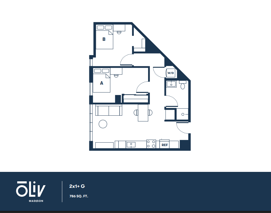 Modern 2-bedroom floor plan at Oliv Madison featuring a stylish living area, functional kitchen, and convenient washer/dryer setup in 786 sq. ft.