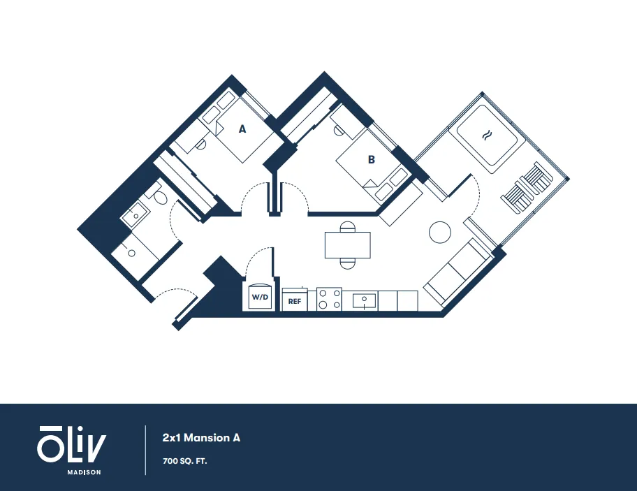 Elegant 2x1 Mansion A floor plan showcasing 700 sq. ft. of space with two bedrooms, modern kitchen, cozy living area, and inviting balcony.