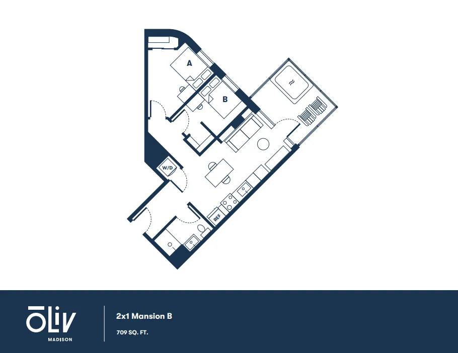 Modern 2x1 Mansion B floor plan featuring 2 bedrooms with a spacious living area, stylish kitchen, and balcony, 709 sq ft.