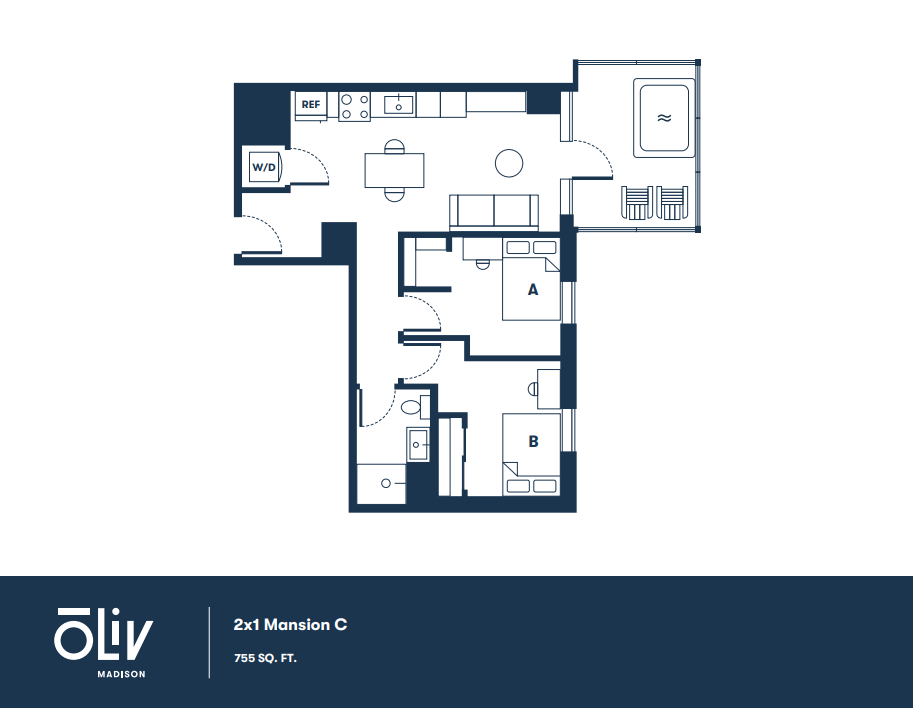 Oliv Madison apartment floor plan featuring 2 bedrooms, a sleek kitchen, cozy living area, and modern bath, covering 755 sq ft.