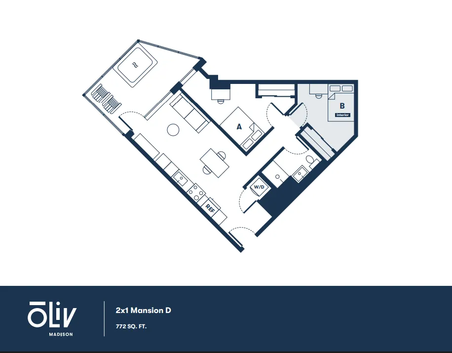 Modern 2-bedroom floor plan, featuring open-concept living and dining spaces, sleek kitchen, private balcony, and in-unit laundry, 772 sq ft.