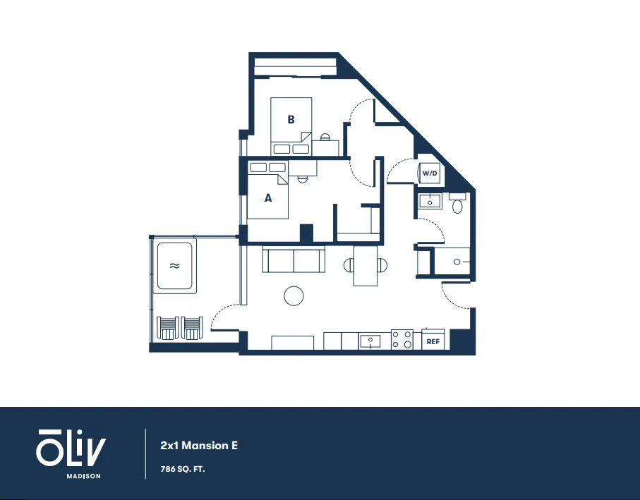 Elegant floor plan of Oliv Madison's 2x1 Mansion E featuring two bedrooms, spacious living area, modern kitchen, and in-unit laundry, covering 786 sq. ft.