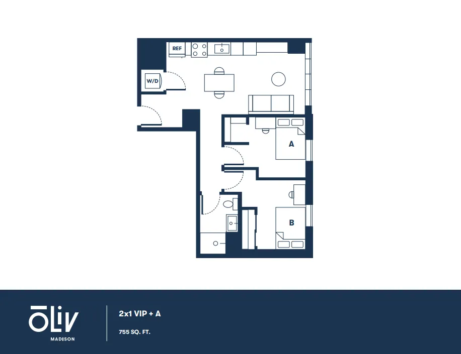 Modern 2D floor plan of Oliv Madison featuring 2 bedrooms, an open living and dining area, and in-unit laundry, 755 sq ft.