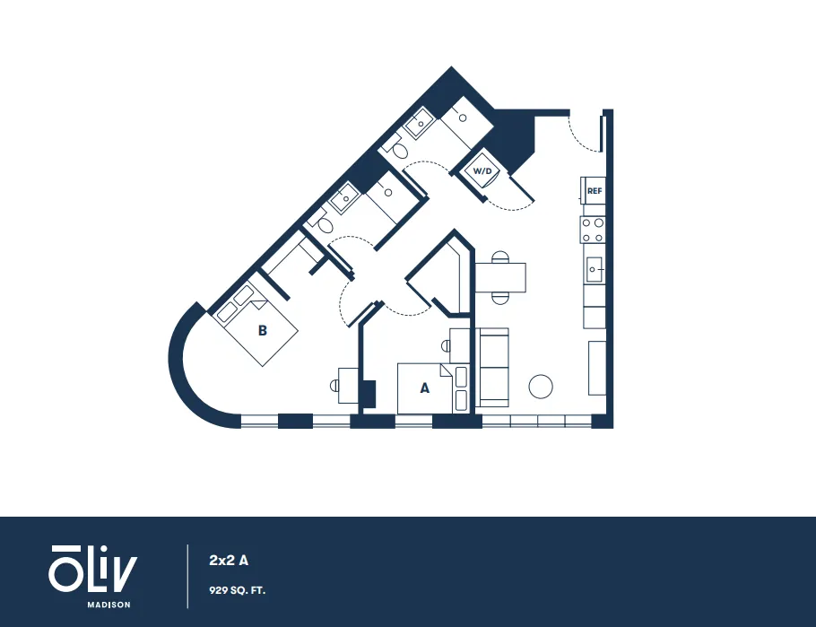 Contemporary 2-bedroom floor plan featuring an expansive open-concept living room and kitchen, with two full bathrooms and in-unit laundry, covering 929 sq ft.