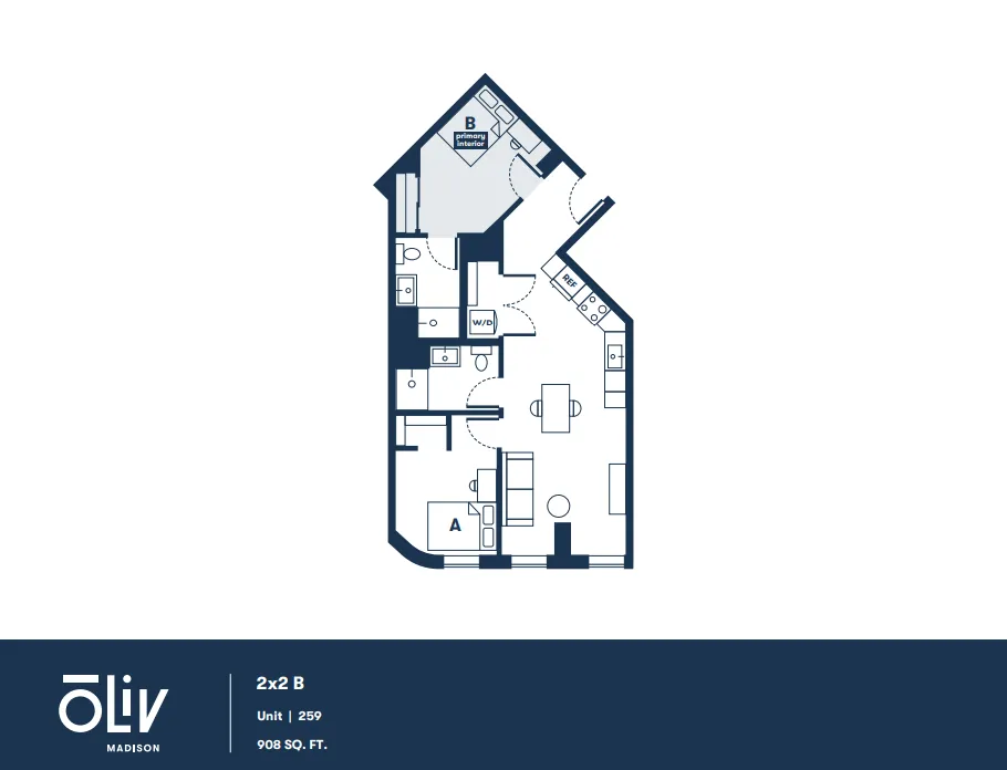 Contemporary floor plan for a modern 2-bedroom apartment, featuring two bathrooms, a stylish open living area, and a fully equipped kitchen, spanning 908 square feet.