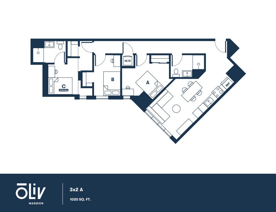 Oliv Madison's elegant 3-bedroom, 2-bathroom floor plan spanning 1020 sq. ft, featuring a stylish open-concept living area for modern comfort.