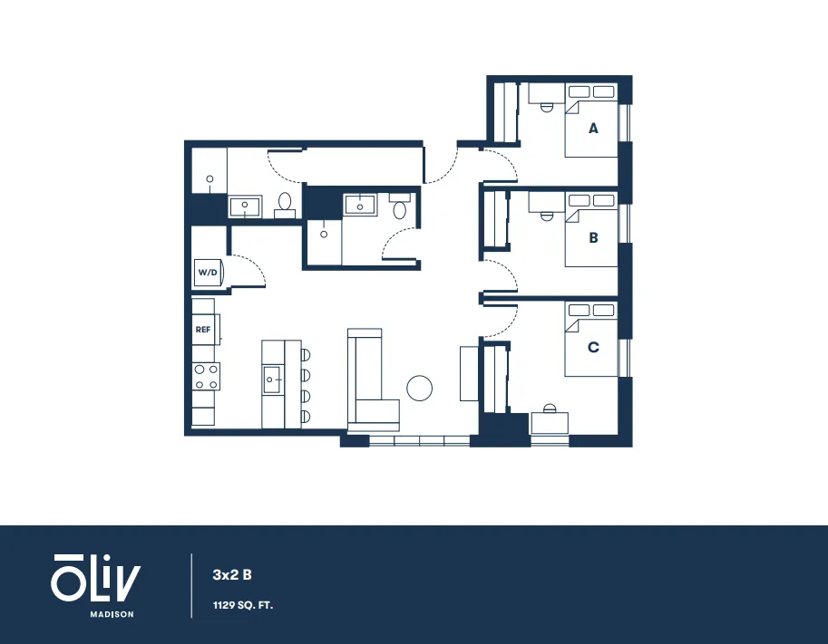 Modern 3-bedroom, 2-bath floor plan with open kitchen and spacious living area, 1129 sq ft at Oliv Madison.