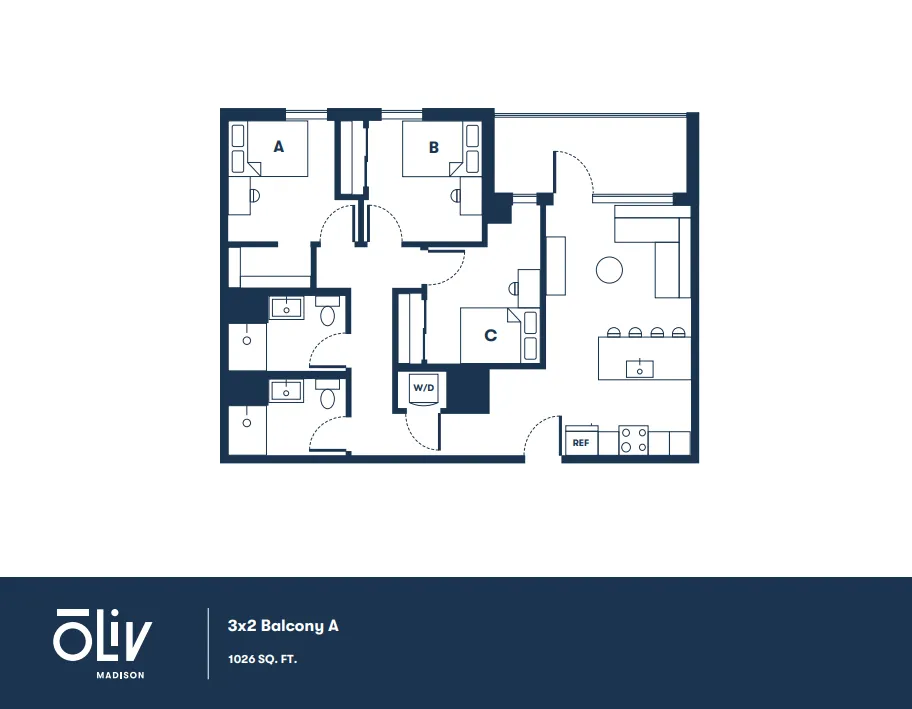 Modern floor plan of a 3-bedroom apartment featuring an open-concept living area, two bathrooms, and a spacious kitchen with an island, spanning 1026 sq. ft.