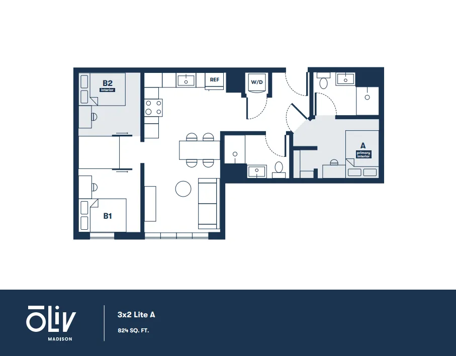 Modern 3-bedroom floor plan featuring open-concept living and dining area, functional kitchen, and strategic layout within 824 sq ft.