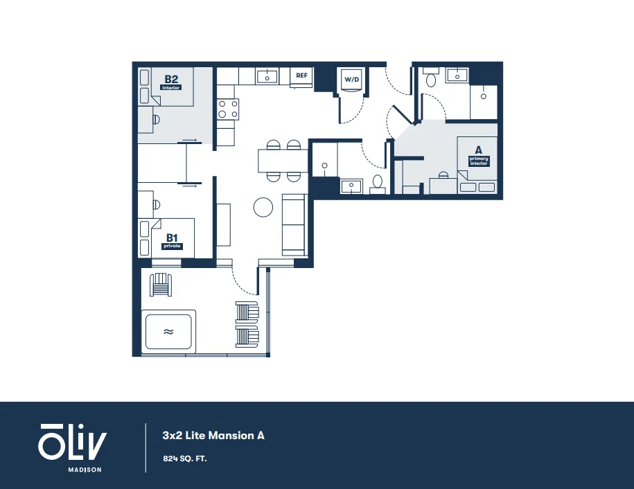 Modern 3x2 Lite Mansion A floor plan featuring three bedrooms, two bathrooms, and an open-concept living area in 824 sq. ft.