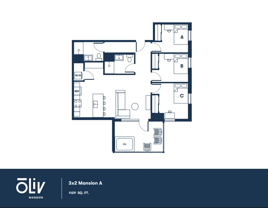 Modern 3x2 Mansion A floor plan showcasing 3 bedrooms, spacious living and dining area, and a well-equipped kitchen in 1129 sq. ft.
