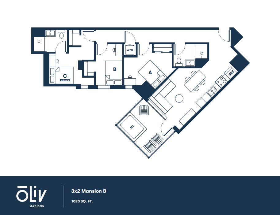 Modern 3-bedroom floor plan, featuring two bathrooms, elegant open-concept living space, and a sleek kitchen, encompassing 1020 sq. ft.