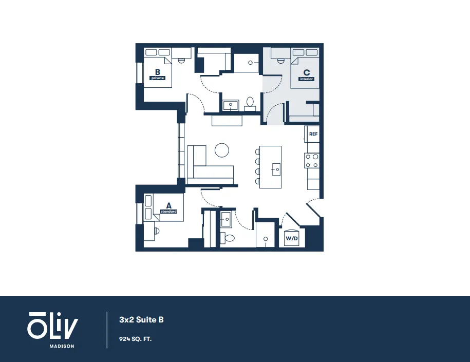 Contemporary 3-bedroom suite floor plan featuring open living space, modern kitchen with island, and two well-appointed bathrooms. Ideal for a stylish and comfortable living experience in 924 sq. ft.