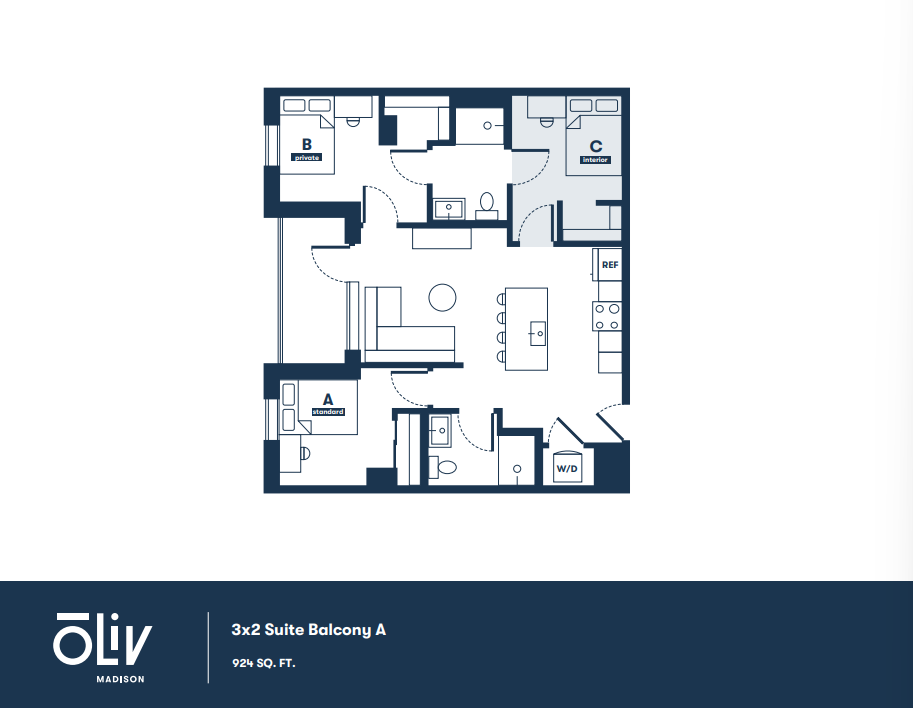 Modern floor plan of 3x2 Suite Balcony A featuring three bedrooms, spacious open-concept living area, and a stylish kitchen in 924 sq. ft.