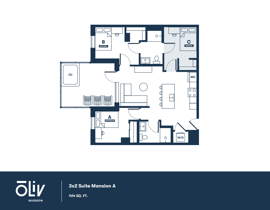 Modern 3x2 suite floor plan with spacious living room, open kitchen, and three bedrooms, covering 924 sq ft.