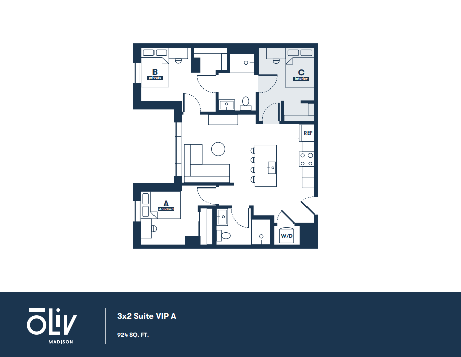 Elegant 3x2 Suite VIP A floor plan featuring spacious living room, modern kitchen, and three cozy bedrooms, spanning 924 sq. ft.