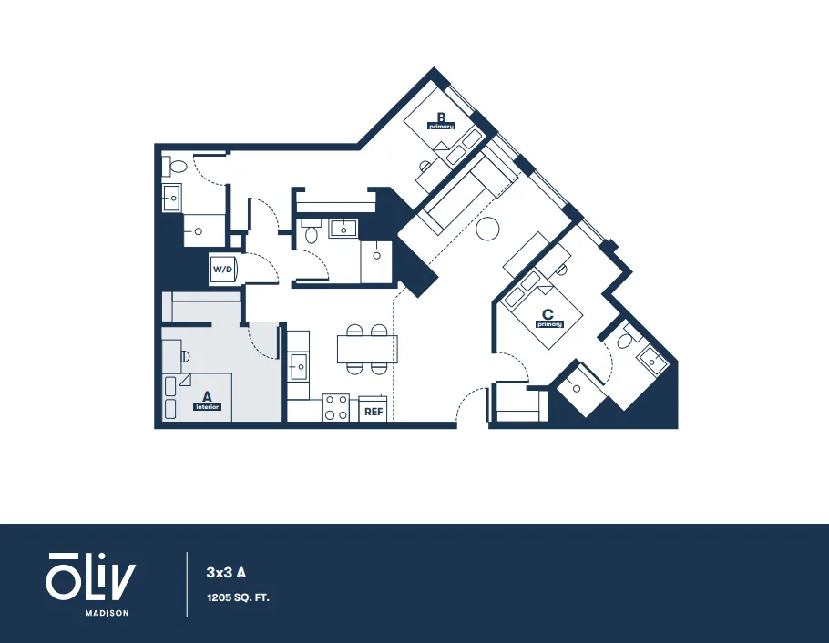 Contemporary 3-bedroom floor plan at Oliv Madison, featuring spacious living area, modern kitchen, and efficient layout, 1205 sq ft.