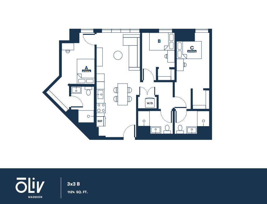 Modern floor plan showcasing 3 bedrooms, 3 bathrooms, and an open kitchen with a central dining area in a spacious 1124 sq ft layout.