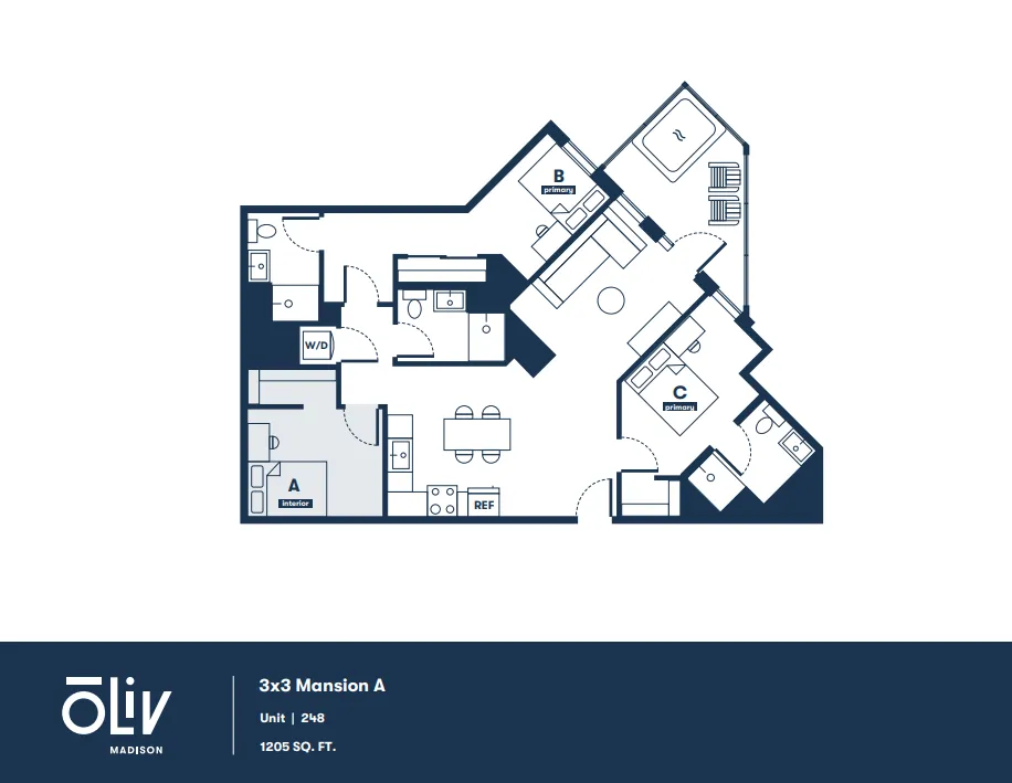 Modern 3x3 Mansion A floor plan showcasing three spacious bedrooms, open living area, and well-equipped kitchen in 1205 sq. ft.