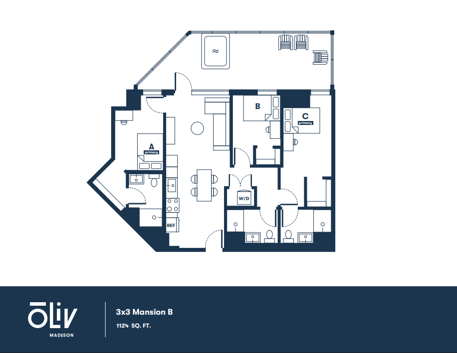 Sophisticated 3x3 Mansion B floor plan showcasing three spacious bedrooms, elegant open living and dining area, and ample closet space, spanning 1124 sq. ft.