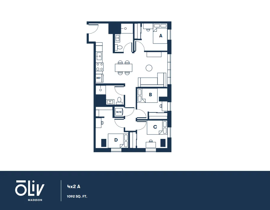 Chic 4x2 floor plan showcasing 4 bedrooms, open living space, and modern kitchen in 1092 sq ft.