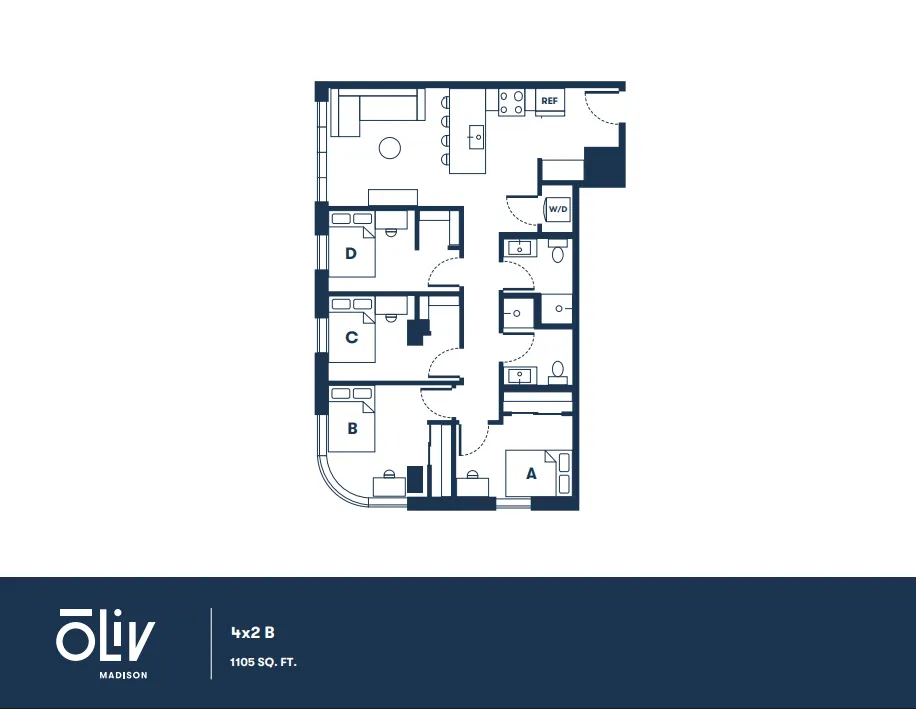 Modern floor plan showcasing a 4-bedroom, 2-bath layout with open kitchen, spacious living area, and dedicated laundry space, covering 1105 sq. ft.