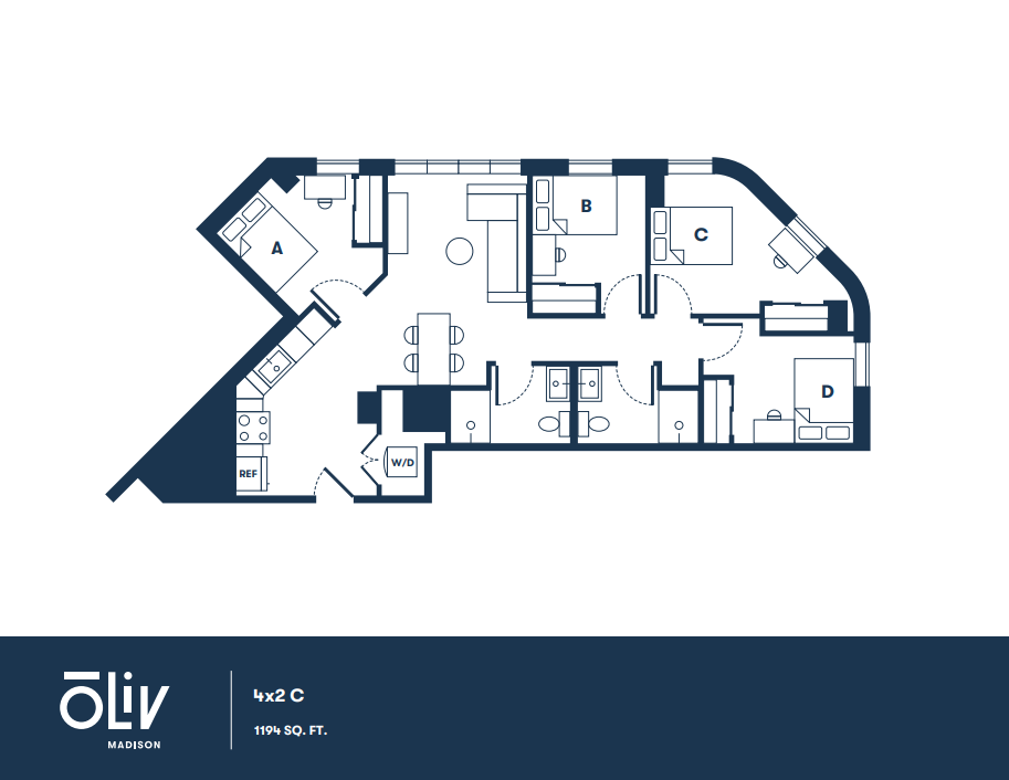 Contemporary floor plan illustration showcasing 4 bedrooms, 2 stylish bathrooms, expansive kitchen, and inviting open-concept living area in 1194 sq. ft.
