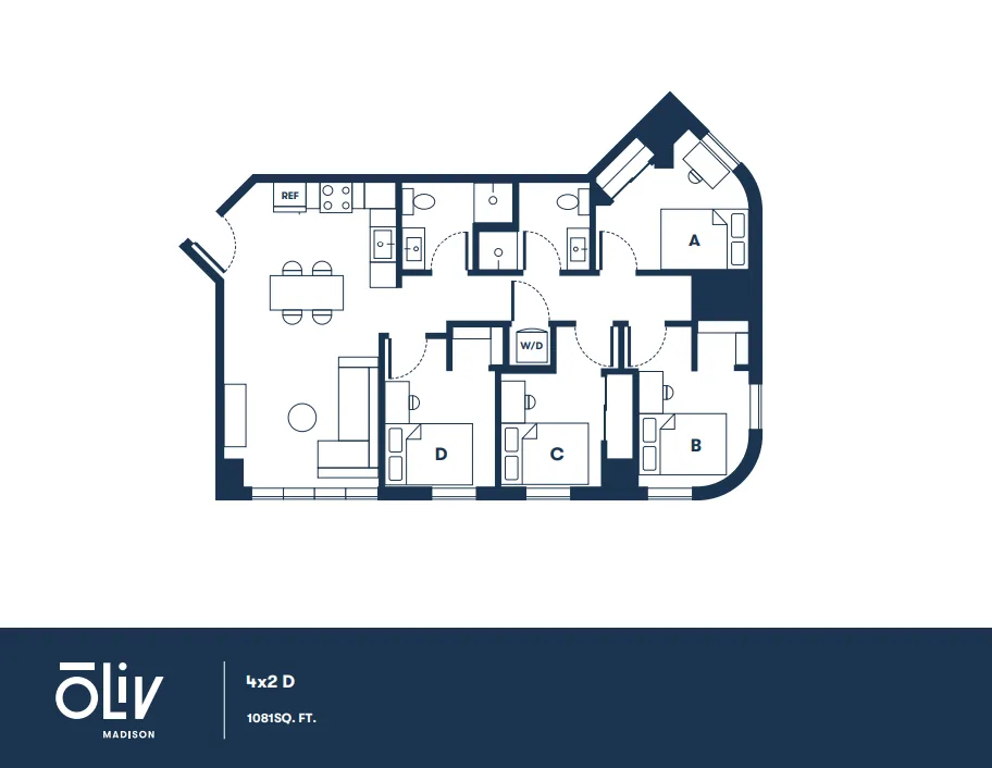 Spacious 4-bedroom apartment floor plan with two bathrooms, modern kitchen, and inviting living area, designed for comfort across 1081 sq ft.