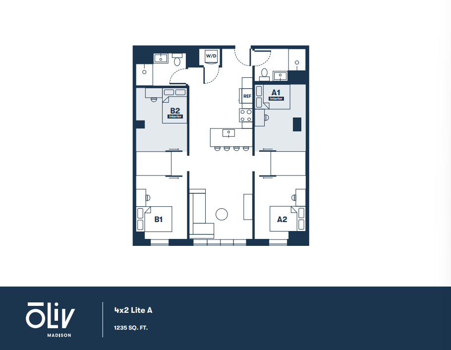 Modern floor plan showing a 4-bedroom layout with a spacious living area, kitchen, and ample storage space at Oliv Madison, 1235 sq. ft.