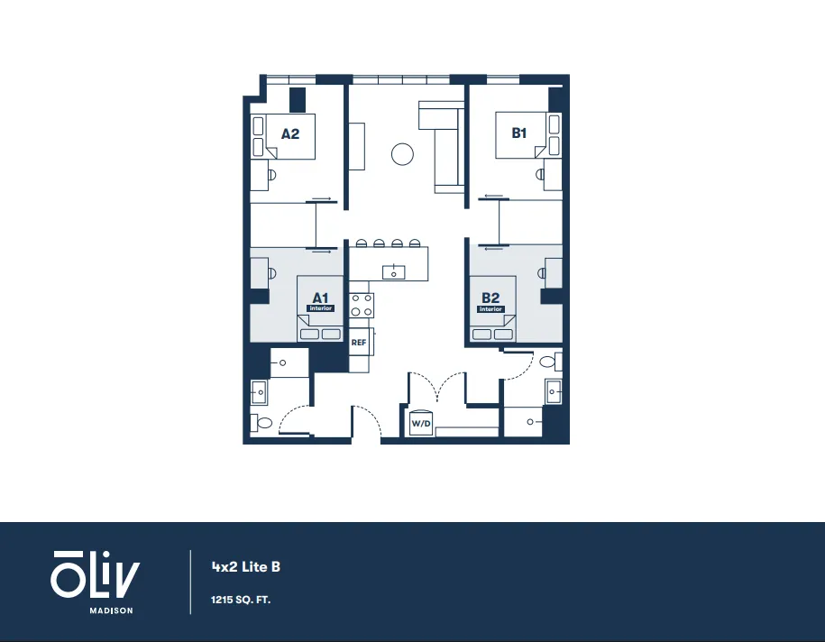 Modern 4x2 Lite B floor plan at Oliv Madison with 4 bedrooms, stylish kitchen, and spacious living area, totaling 1215 sq. ft.