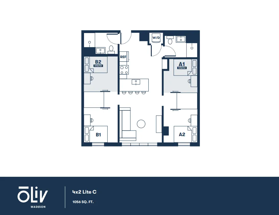 Modern 4-bedroom floor plan 4x2 Lite C with open living space and kitchen, 1056 sq ft layout.