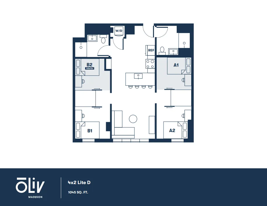 Modern floor plan of a spacious 4-bedroom apartment, featuring an open-concept living area and a fully equipped kitchen in 1045 sq. ft.