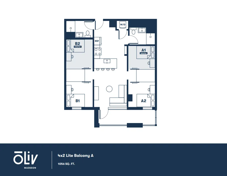 Modern 4x2 Lite Balcony A floor plan with 4 bedrooms, elegant living space, and sleek kitchen in 1056 sq. ft.
